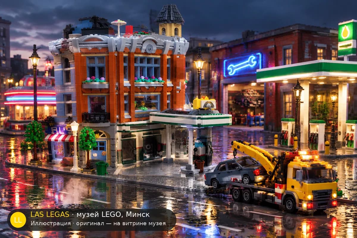 Иллюстрация: LEGO 10264 Угловой гараж в диораме своего сюжета