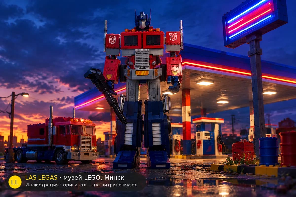 Иллюстрация: LEGO 10302 Оптимус Прайм в диораме своего сюжета