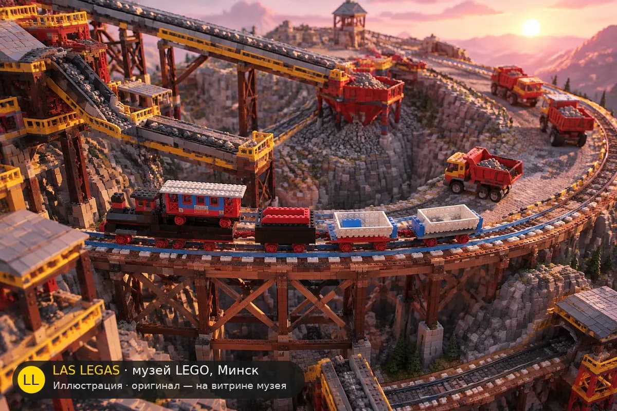 Иллюстрация: LEGO 120 Грузовой поезд с самосвальными вагонами в диораме своего сюжета