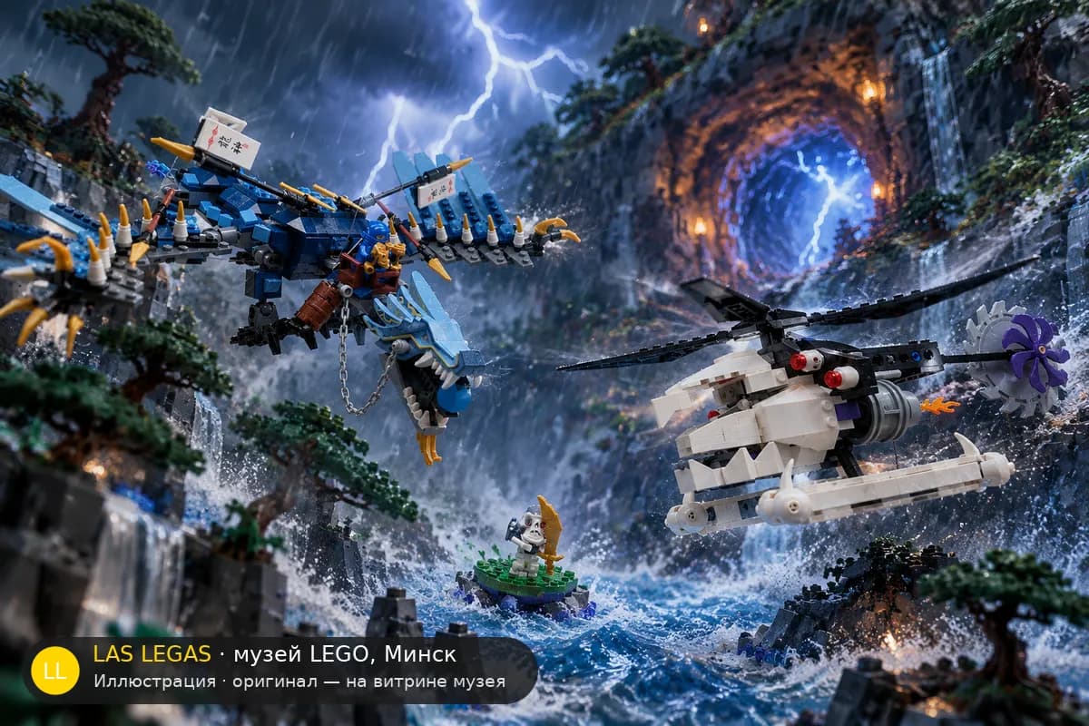 Иллюстрация: LEGO 2521 Битва с Молниеносным драконом в диораме своего сюжета