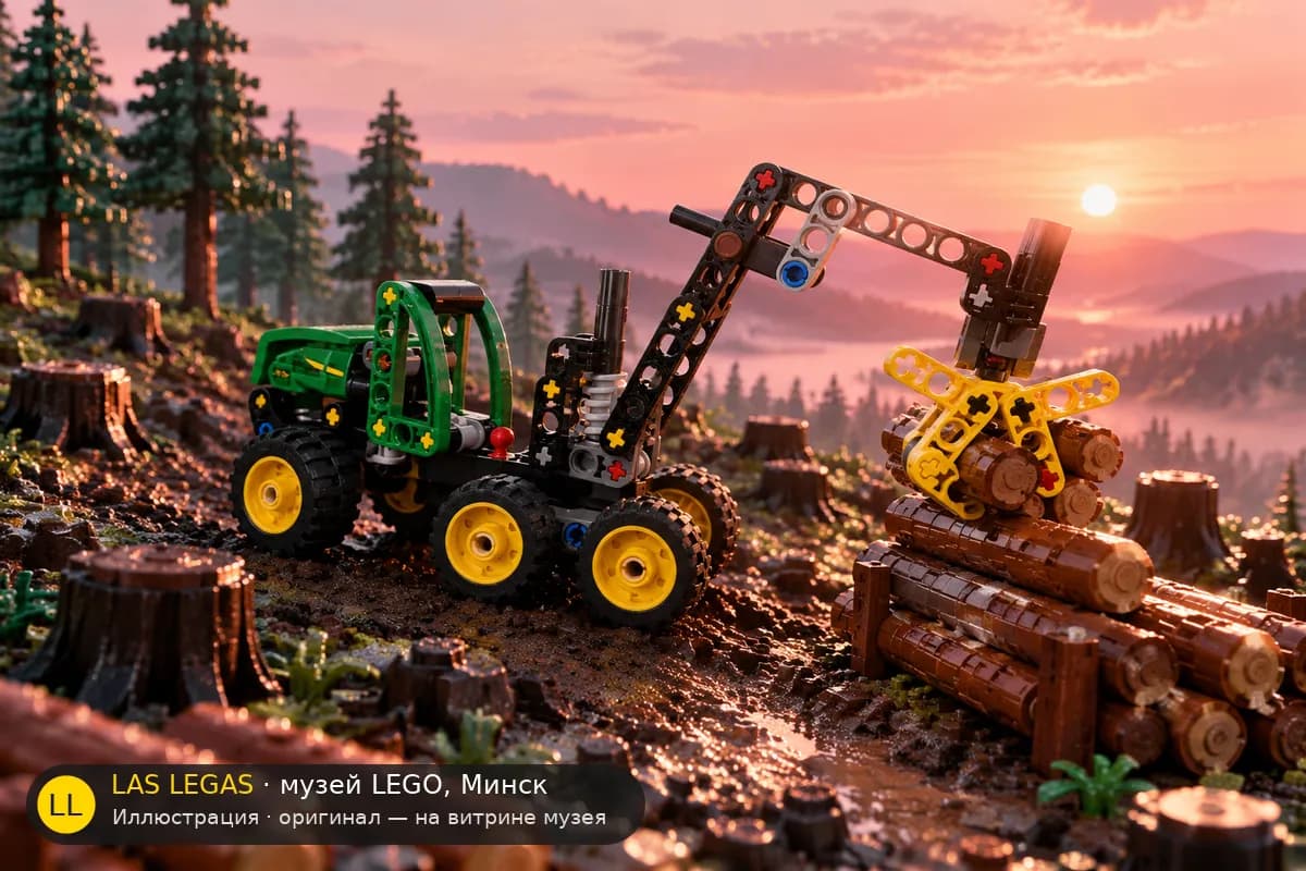 Иллюстрация: LEGO 42218 John Deere 1470H Wheeled Harvester в диораме своего сюжета