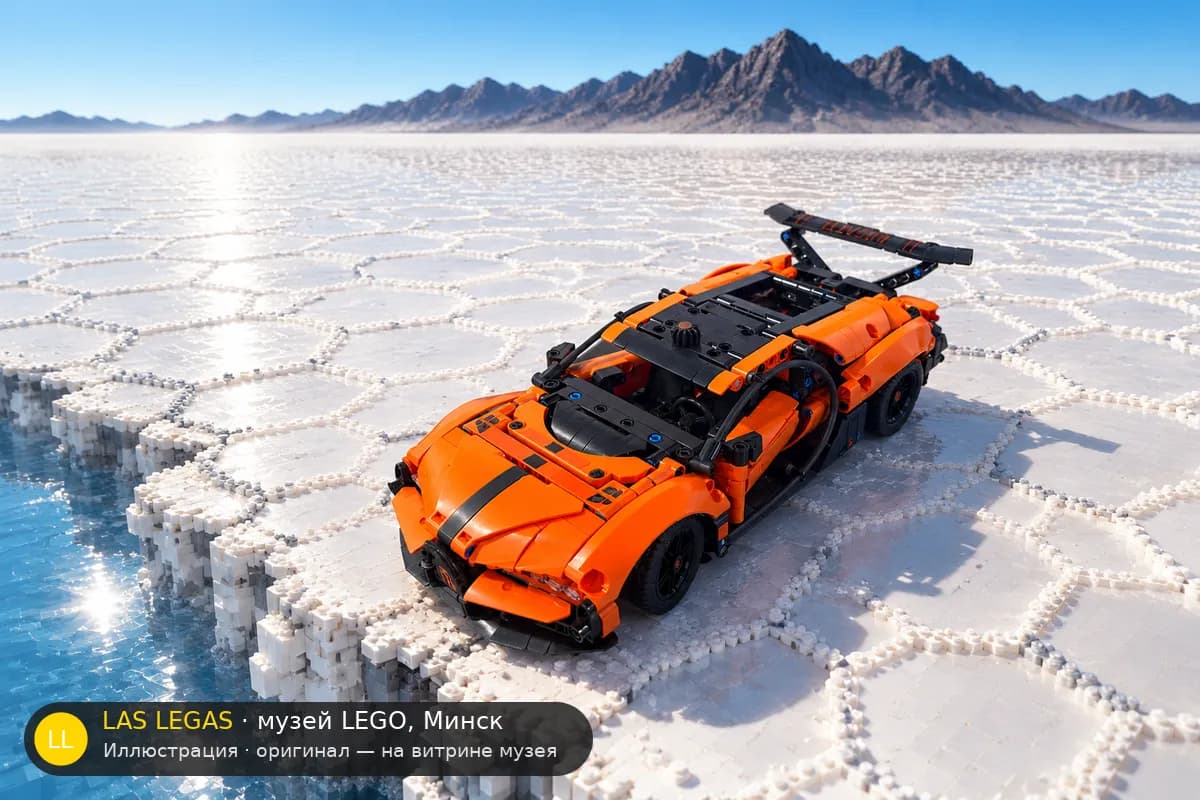 Иллюстрация: LEGO 42222 Bugatti Chiron Pur Sport в диораме своего сюжета