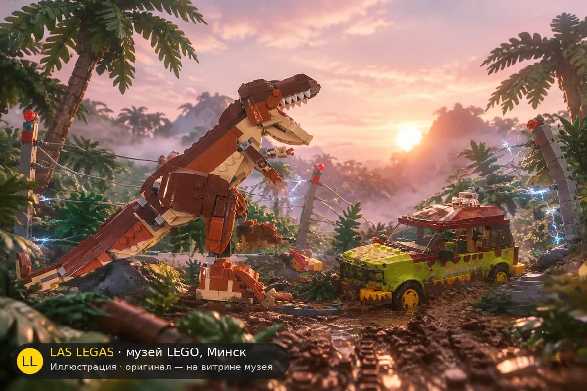 Иллюстрация: LEGO 76956 Побег тираннозавра в диораме своего сюжета