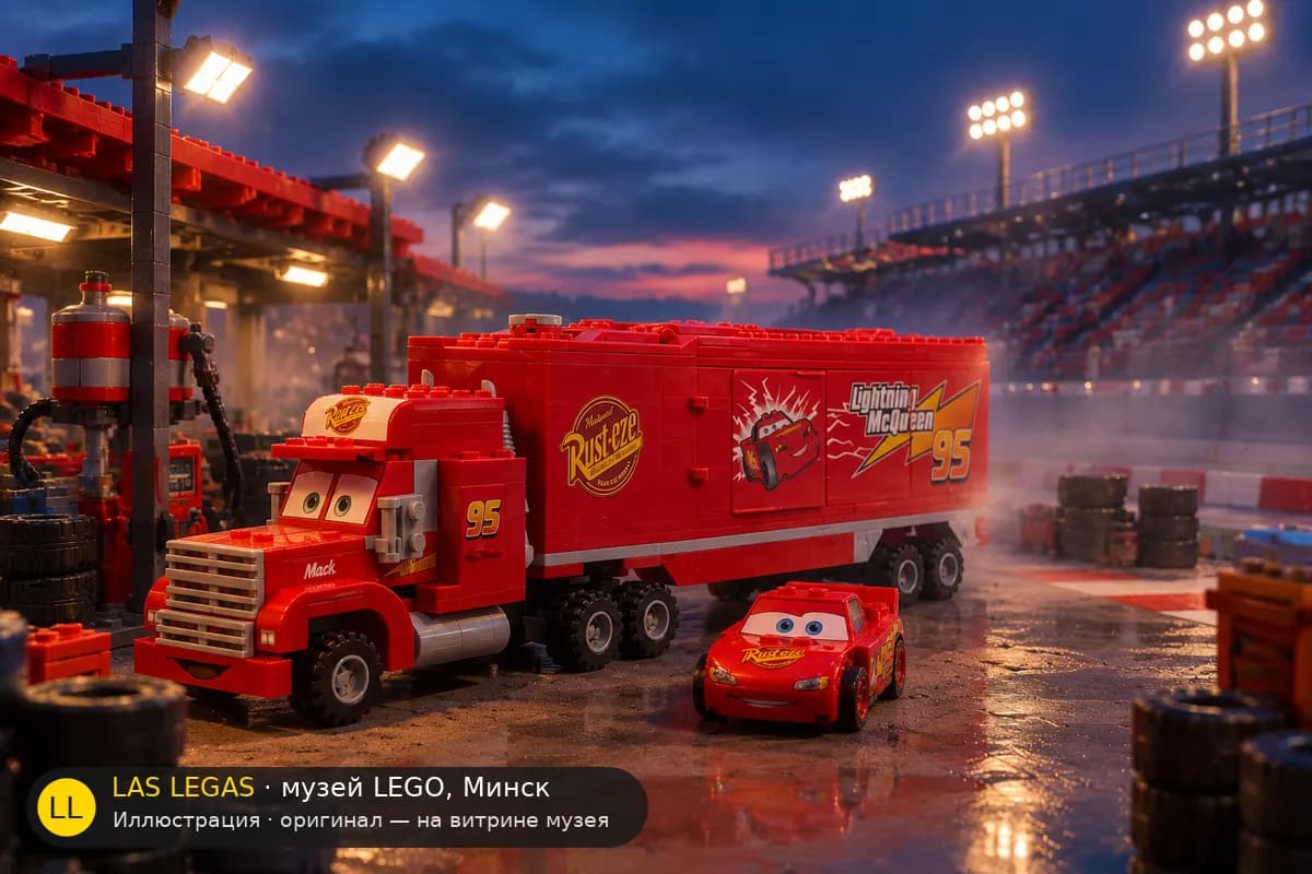 Иллюстрация: LEGO 8486 Грузовик команды Мака в диораме своего сюжета