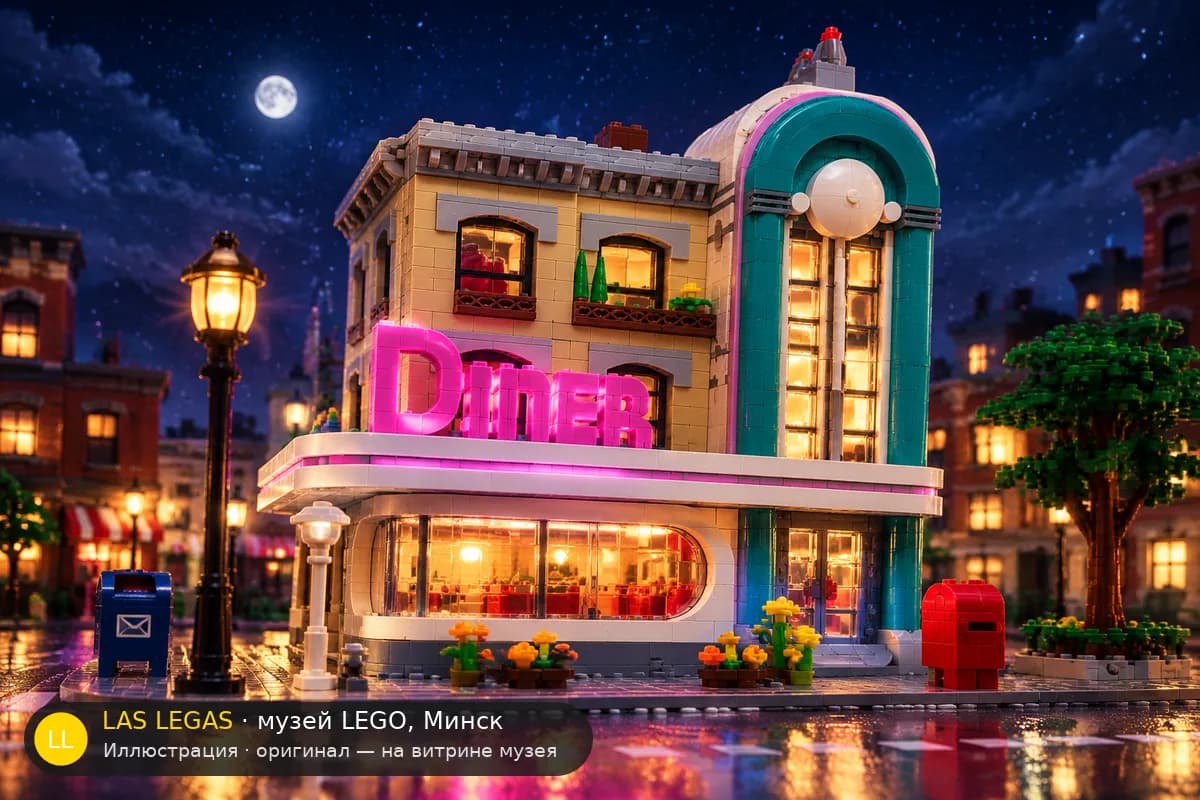 Иллюстрация: LEGO 10260 Даунтаун Дайнер в диораме своего сюжета