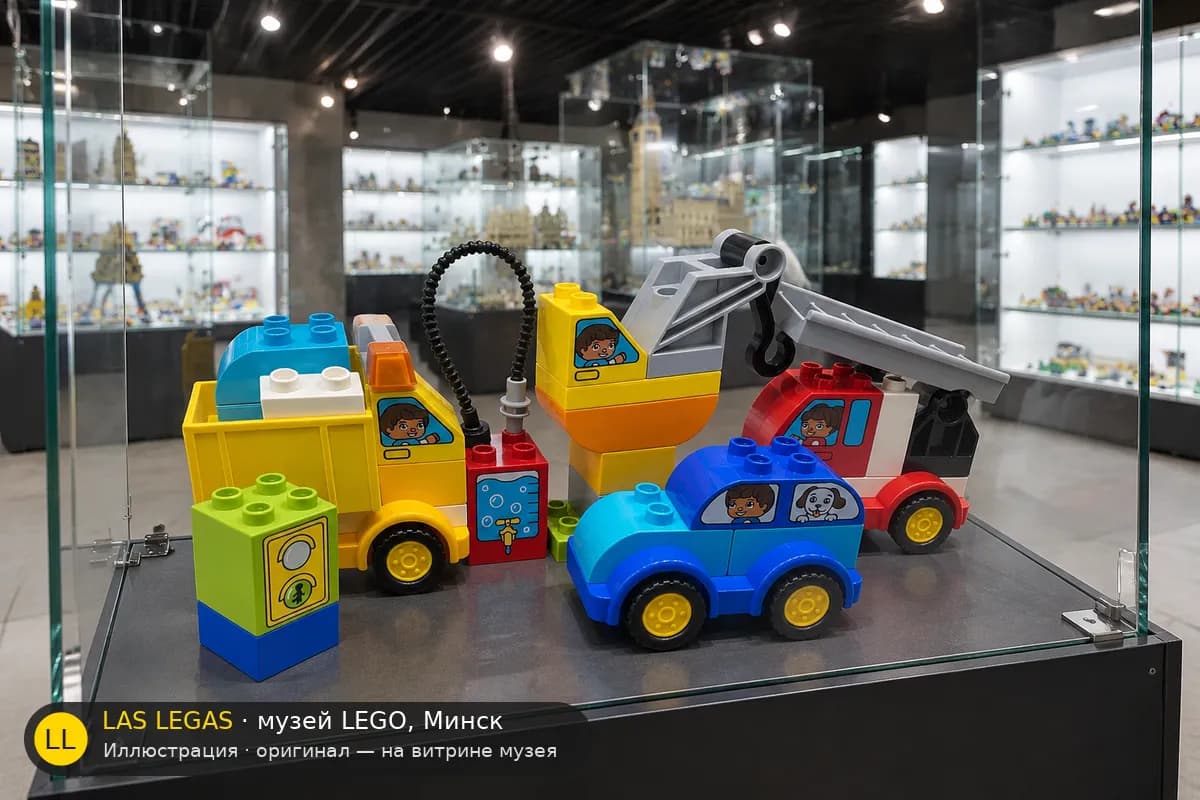 Иллюстрация: LEGO 10816 Мои первые машинки и грузовики на витрине в зале музея Las Legas