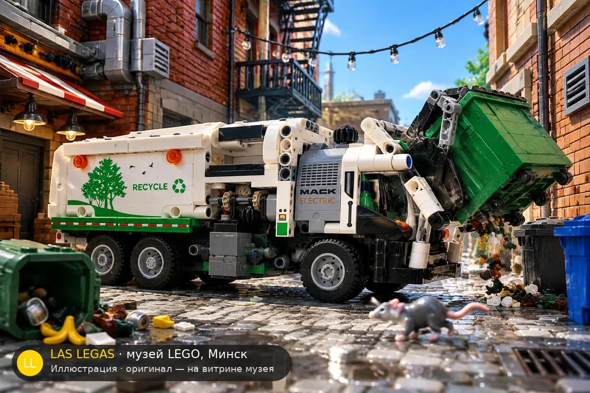 Иллюстрация: LEGO 42167 Мусоровоз Mack LR Electric в диораме своего сюжета