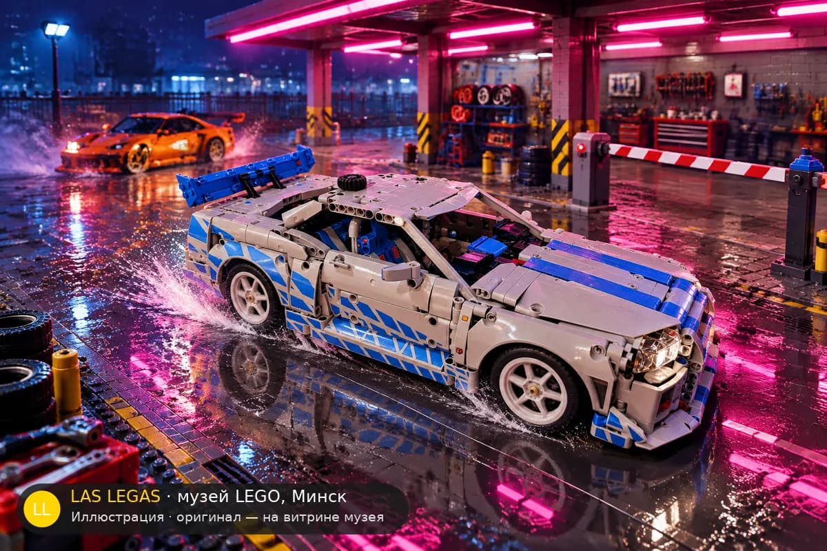 Иллюстрация: LEGO 42210 Nissan Skyline GT-R (R34) из «Форсажа 2» в диораме своего сюжета