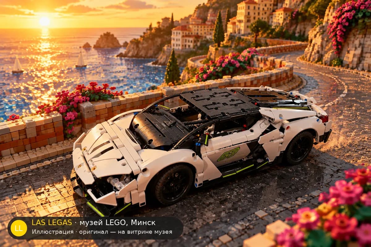 Иллюстрация: LEGO 42214 Lamborghini Revuelto в диораме своего сюжета