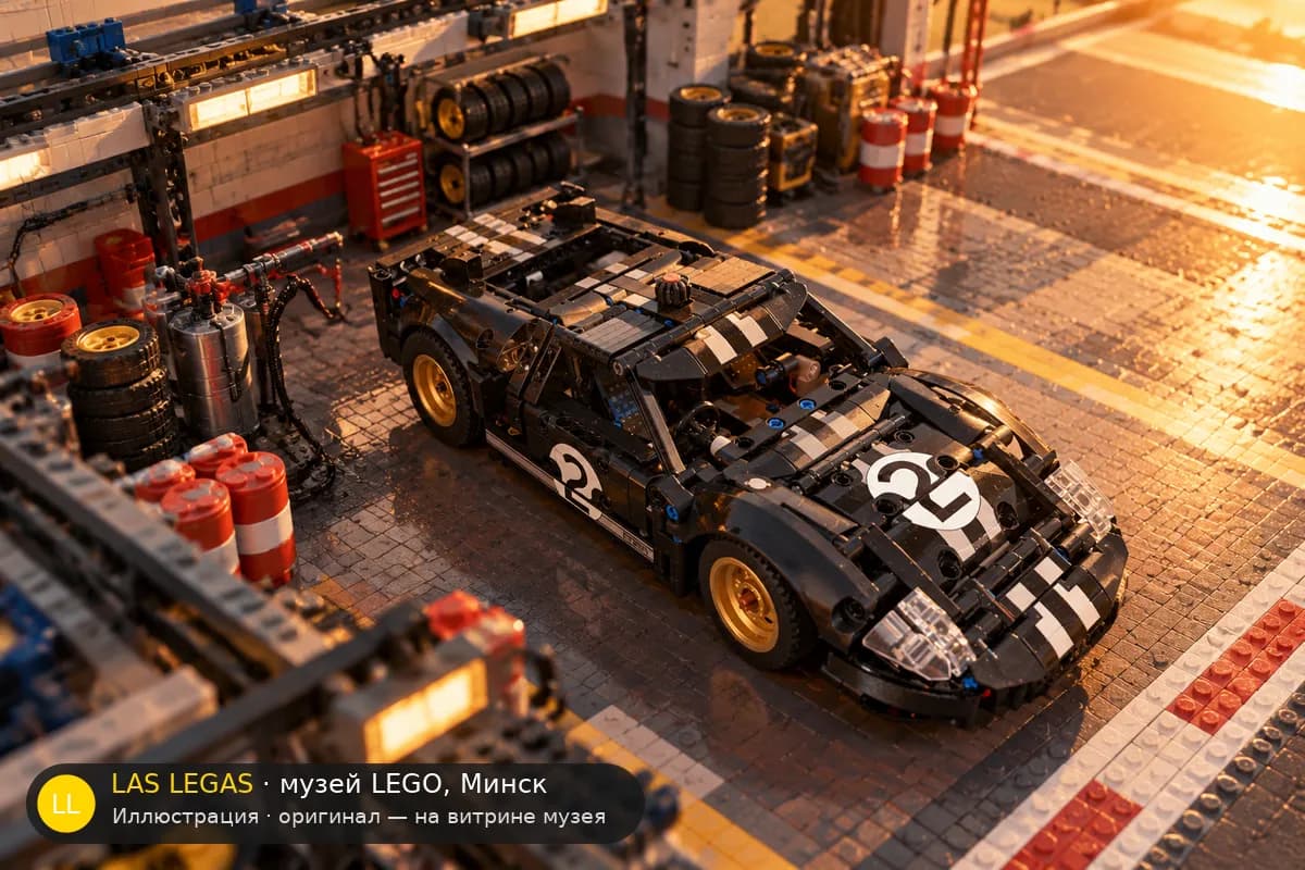 Иллюстрация: LEGO 42223 1966 Ford GT40 MKII в диораме своего сюжета