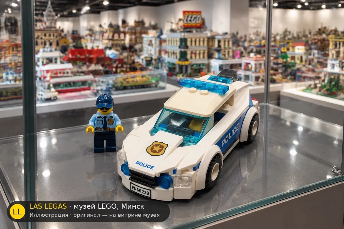 Иллюстрация: LEGO 60239 Полицейская патрульная машина на витрине в зале музея Las Legas