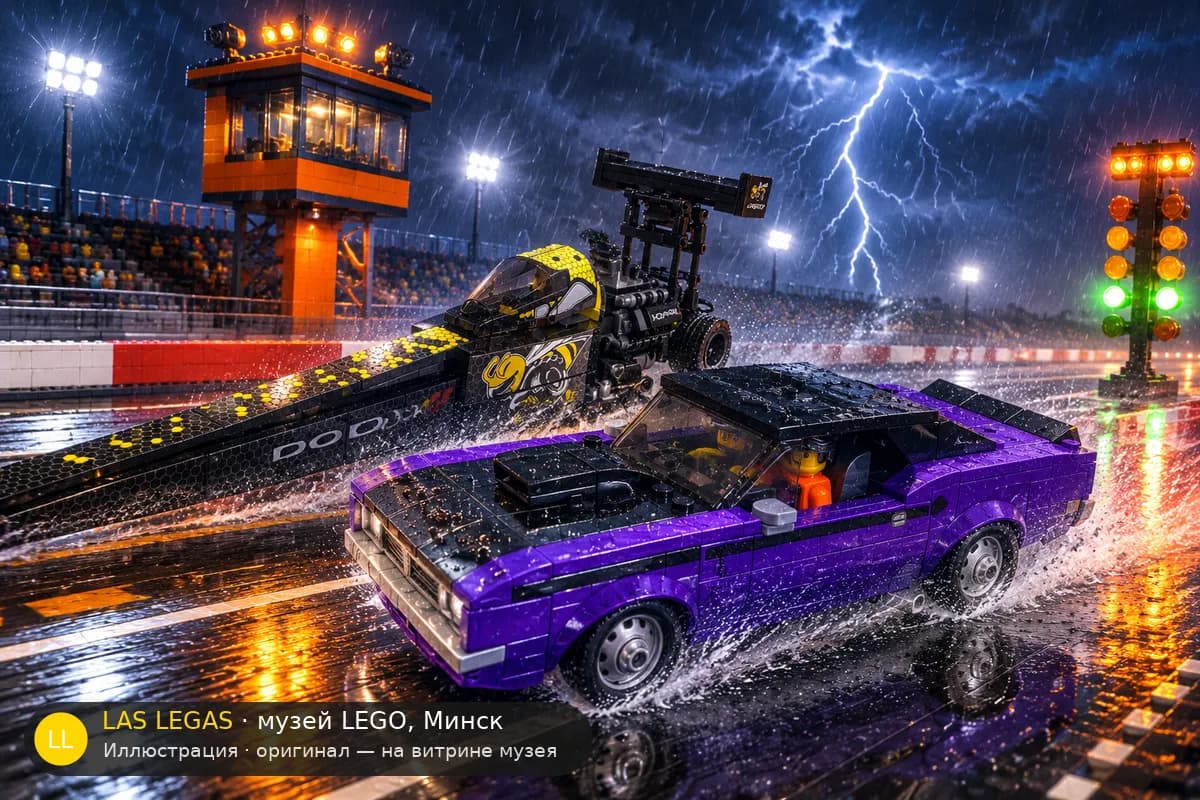 Иллюстрация: LEGO 76904 Mopar Dodge//SRT Top Fuel Dragster и Dodge Challenger T/A 1970 в диораме своего сюжета